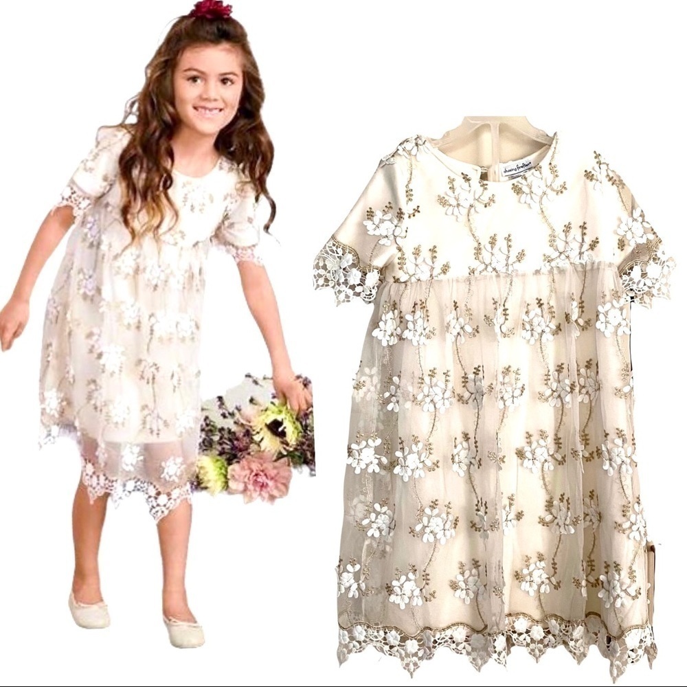 Chasing Fireflies Girls Ivory Floral Lace Dress Medium (7-8) Wedding Flower Girl